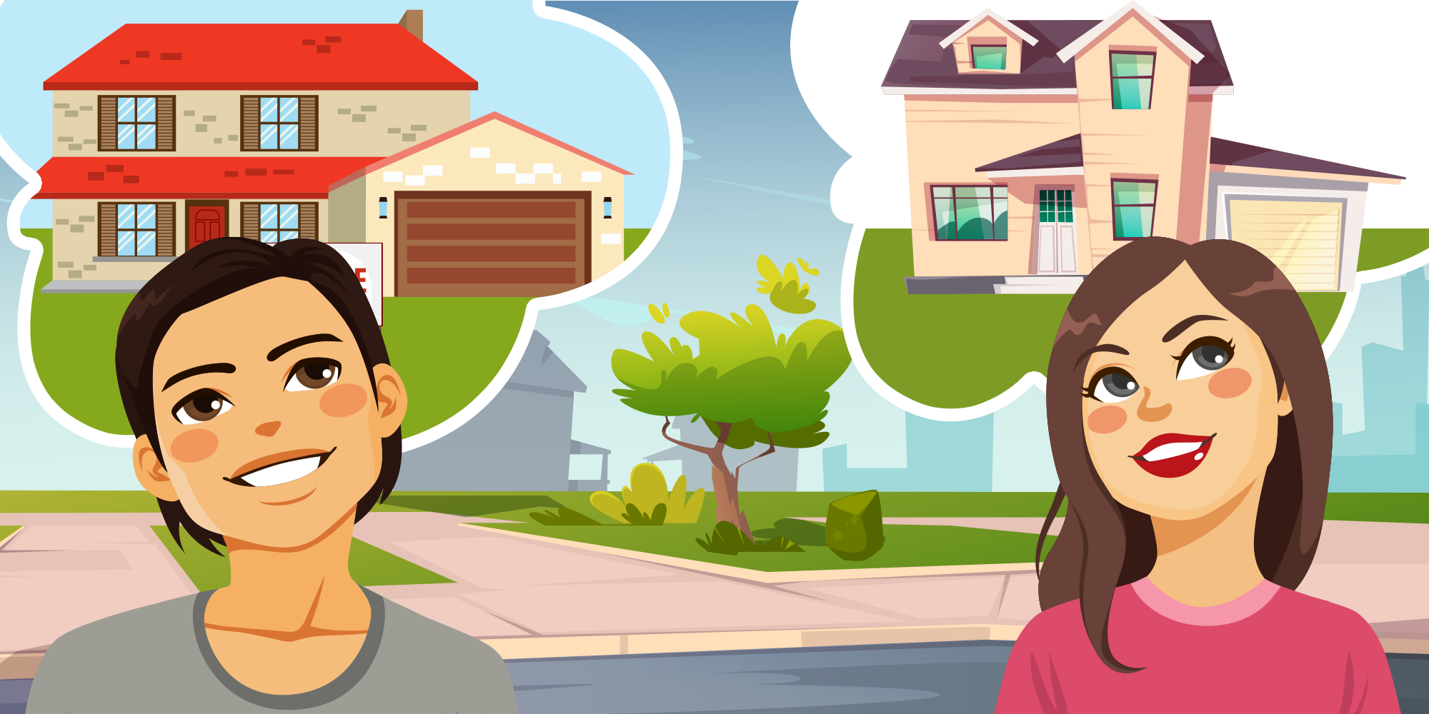 young couple thinking about home buying rendering