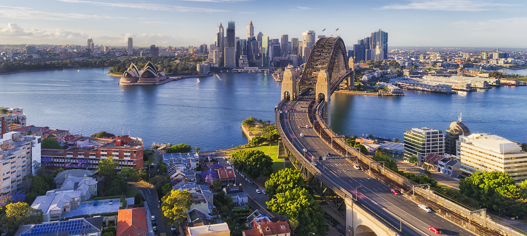 Aerial view of city bridge