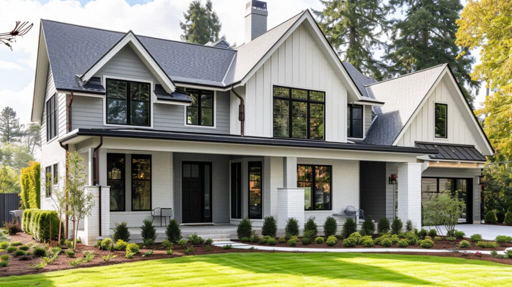 Buy 3 First Time Home Buyer Georgia: home Search beautiful modern farmhouse with grey siding and white brick, black framed windows