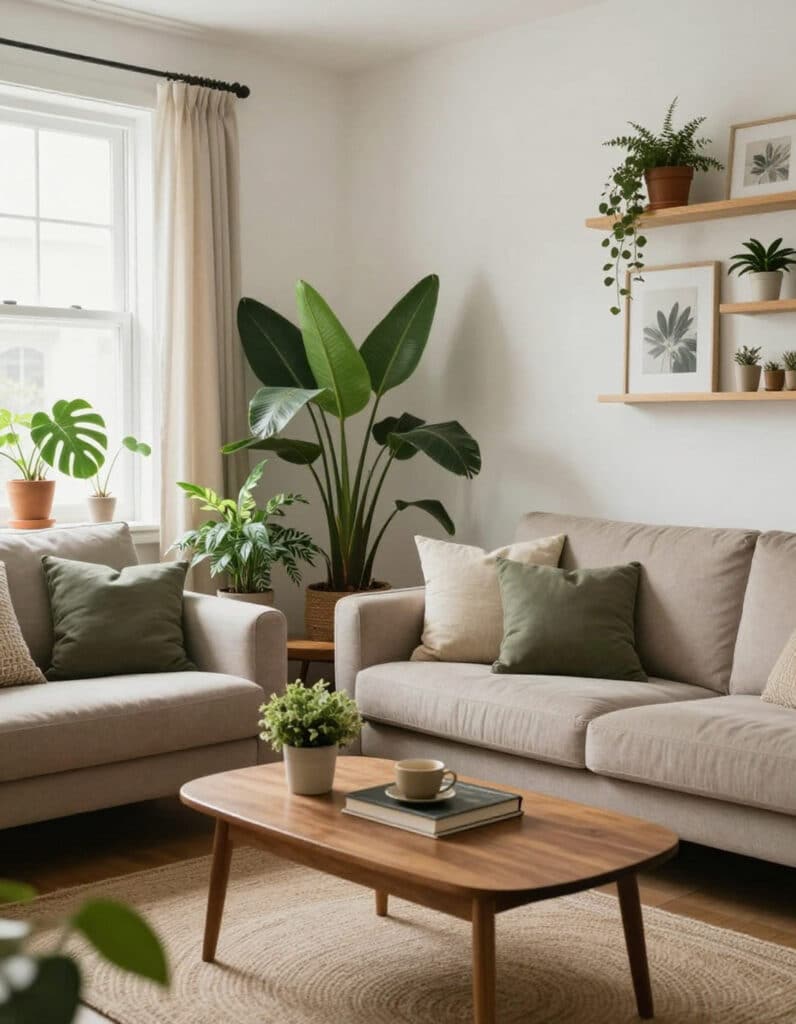 Interior of living room with comfortable sofa, coffee table and plants First Time Home Buyer Loans Georgia: Interior of living room with comfortable sofa, coffee table and plants