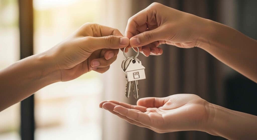 selling a home in North Georgia: Real estate agent giving house key to customer. Real estate concept.