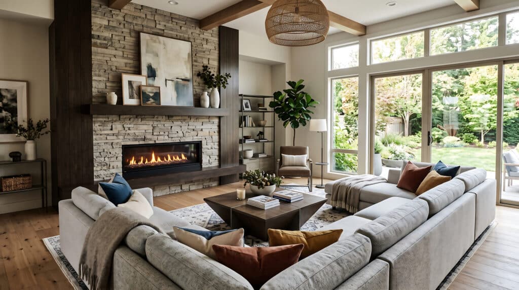 Marketing 1 How to Prepare Your Home for Sale: Elegant living space, stone fireplace, comfortable sectional sofa, large windows, serene garden view, sophisticated home.